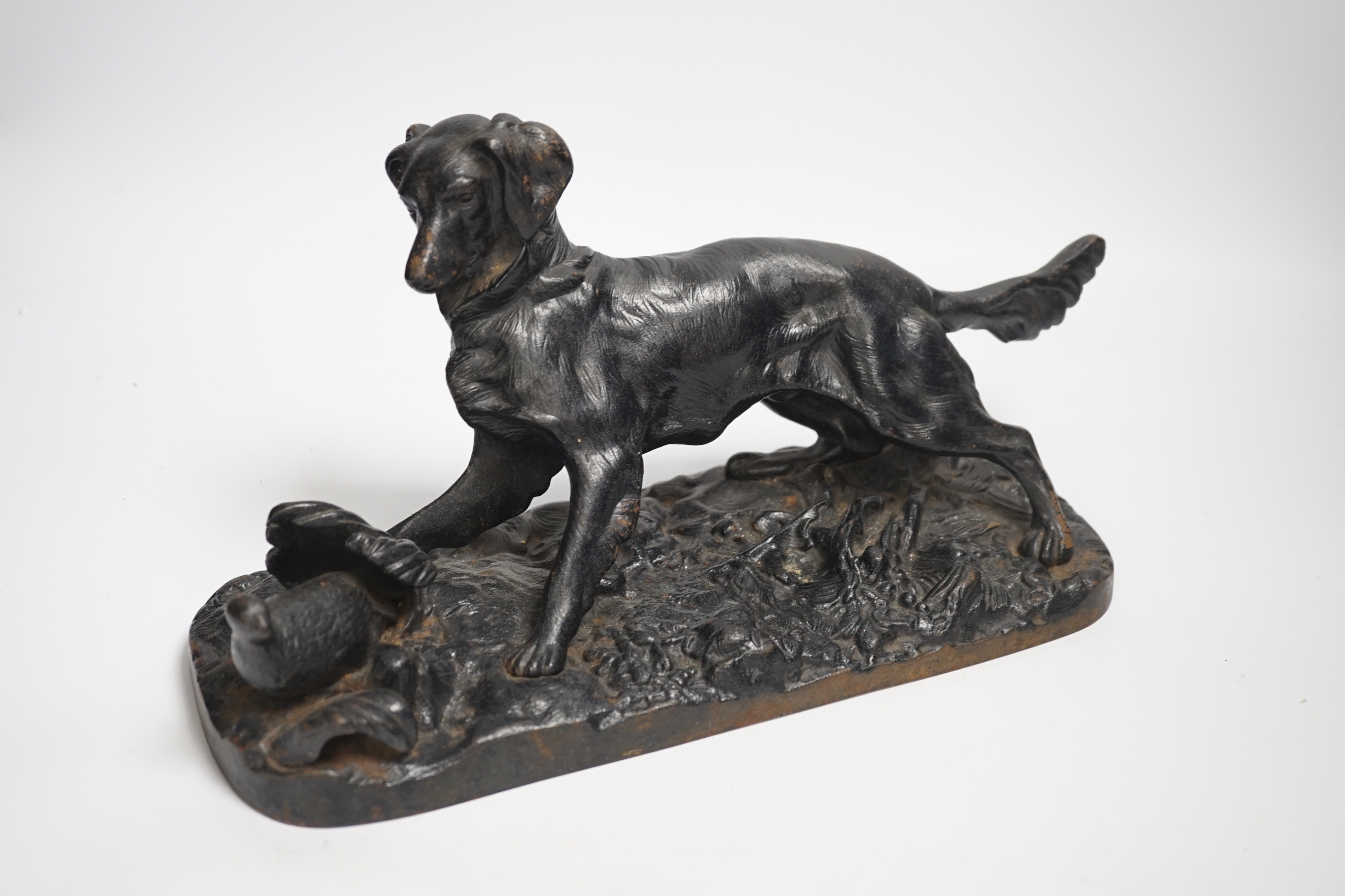 A cold-painted lead figure and a bronze animalier retriever dog, dog group 34cm long (2)